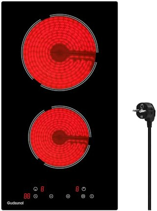 Gudsunal Kochfeld 2 Platten Glaskeramikkochfeld mit Stecker, 3000W, 9 Heizstufen, 1-99 Minuten Timer, Touch-Steuerung, Automatische Abschaltung, Kindersicherung,Schwarz