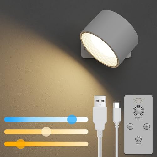 iFalarila Wall lámpara de pared con mando a distancia para cama, aplique de pared recargable, 3 colores y 3 niveles de luminosidad, aplique de pared, rotación ajustable a 360°, luz de pared – blanco