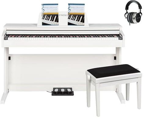 Fame DP-2000 WH Deluxe-Set, E-Piano, 88 Tasten, Hammermechanik, 16 Sounds, 128-fache Polyphonie, Effektprozessor, Studio Kopfhörer, inklusive Klavierbank und Notensammlung