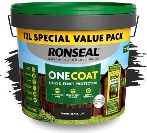 SAVING HUB One Coat Fence Paint 12L- Garden Wood Stain - Outdoor Shed & Timber Protection for Fencing, Trellis & Panels - Weather Resistant, Matt Finish, Quick Dry Formula (Tudor Black Oak, 12 Liter)