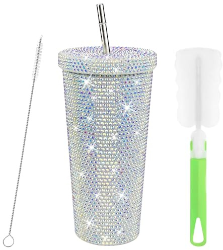 REFORUNG Thermobecher aus Edelstahl 720ml Strass-Trinkbecher mit Deckel und Diamond Tumbler Doppelwandiger Thermobecher Glitzernder Edelstahl-Isolierbecher für Eiskaffee oder Wasser to Go, Weiß