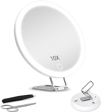 JJhxr Specchio ingranditore 10X con luce, Specchio per trucco ingranditore grande da 15,24 cm, Specchio per trucco dimmerabile a 3 colori con supporto da tavolo a 360 °, con 3 ventose
