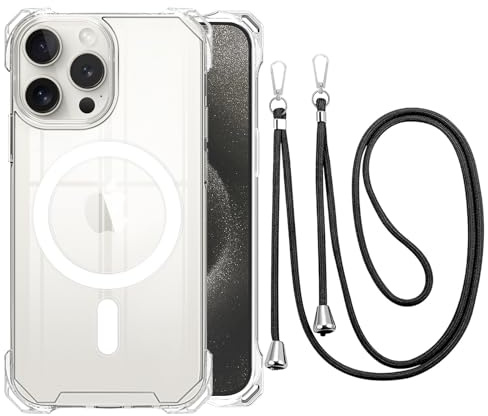 CAROKI Crossbody Lanyard Case for iPhone 15 Pro Max,Ultra Clear Hard Back Magnetic Case Compatible with MagSafe Bumper with Strap Adjustable Neck Cord Cover for iPhone 15 Pro Max-Clear