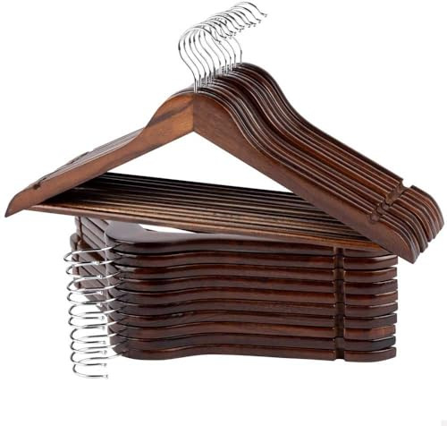 AKTIVE MAX Home Pack 20 Perchas de Madera, Color marrón, Calidad A, 44,5x23 cm, Gancho Acero Giratorio 360º, Incorpora Muescas y Barra Inferior, para Pantalones, Trajes, Camisas, Chaquetas (16463)