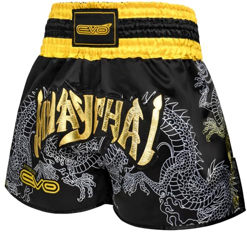 EVO Fitness Muay Thai Shorts MMA Martial Arts Grappling Kick Boxing UFC Cage Fighting Gym Training Men Women Clothing Gear (UK, Alpha, Regular, Regular, Black & Golden, S)
