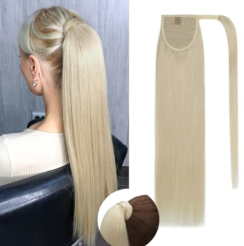 Rich Choices Pferdeschwanz Haarteil Echthaar Extensions Ponytail Extension mit Klettband 55cm #60 Platinblond Ponytail Zopf Extensions Haarverlängerung Echthaar Remy Seidig Gerade Extension