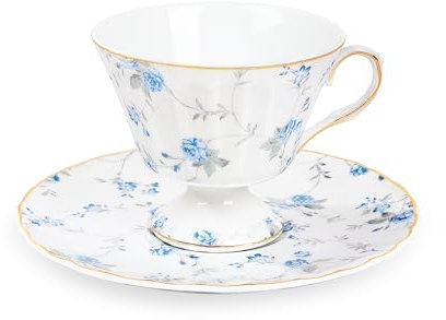 fanquare Bone China Cup and Saucer Set of 1, Blue Small Rose Floral Tea Cup, 170ml Elegant British Porcelain Coffee Cup for Women Gifts