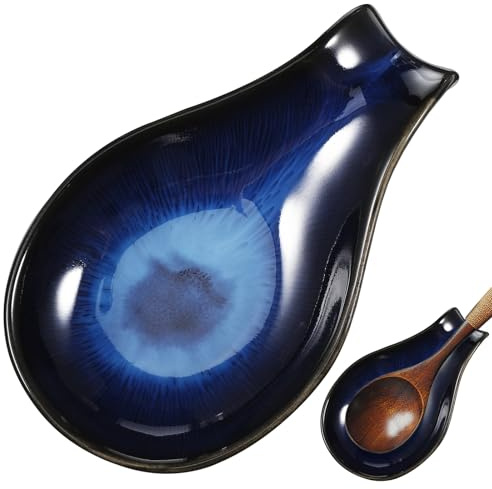 iplusmile Porte-Cuillère De Cuisine En Céramique Vernis Bleu 7 Pouces Support Ustensile Polyvalent Repose-Cuillère Et Plat À Sauce Pour Comptoir Maison Et Restaurant