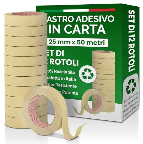 Nipa | Set 12 Rotoli Nastro Carta per Mascheratura Professionale, 25mm x 50m – Nastro Adesivo Carta di Alta Qualità per Imbianchini, Verniciatura, Protezione Superfici, Fai da Te, Resistente e Preciso