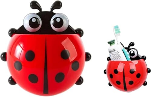 1 x roter Zahnbürstenhalter, niedlicher 7-Sterne-Marienkäfer-Zahnbürstenhalter mit Saugnapf, kein Bohren, Insektenform, Zahnbürstenhalter für Badezimmer, leistungsstarke Saugnäpfe, Badezimmer-Zubehör