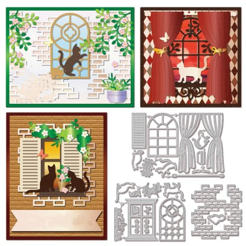 GLOBLELAND Window Frame Cutting Dies for DIY Scrapbooking Metal Brick Wall Backgroud Cat Cut Dies Flowers Leaves Butterflies Die Cuts for Card Making Embossing