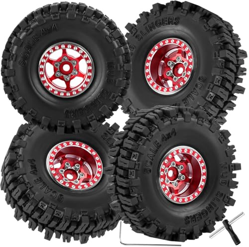 hopsupRC RC 1.0 Beadlock Truck Tires for 1/18 1/24 Trx4m SCX24 RC Crawler,RC Wheels Tires.Aluminum 1.0‘’ Beadlock Wheel Rim&1.0in Tires Tyres.Red(4PCS)