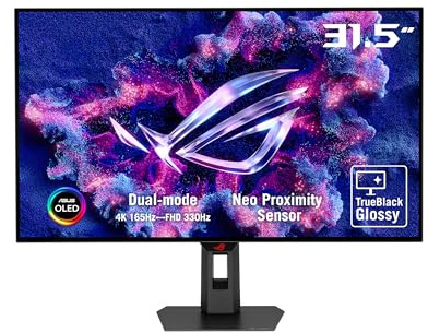 ASUS ROG Strix 32” 4K OLED Gaming Monitor (XG32UCWG) - TrueBlack Glossy OLED, Dual Mode (4K@165Hz, FHD@330Hz), 0.03ms, G-SYNC Compatible, Neo Proximity Sensor, USB-C, HDMI 2.1, 3 yr Warranty