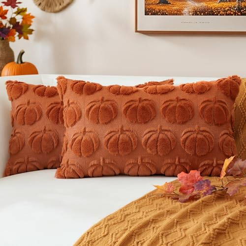 JOTOM 2er Set Kürbis Kissenbezüge, Plüsch Kurze Wolle Dekorativ Zierkissenbezüge Herbst Boho Kissenhüllen Sofakissen Moderne Kissenbezug Herbstdeko für Wohnzimmer Garten (40x60cm, Rost)