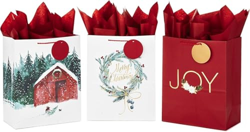LATERN 9 Stück Weihnachten Geschenktüten, 33CM x 27CM x 14CM Große Kraftpapiertüte Weihnachtsthema Goody Geschenktaschen mit 9 Anhängern und Seidenpapier für Weihnachten Geschenk Verpackung