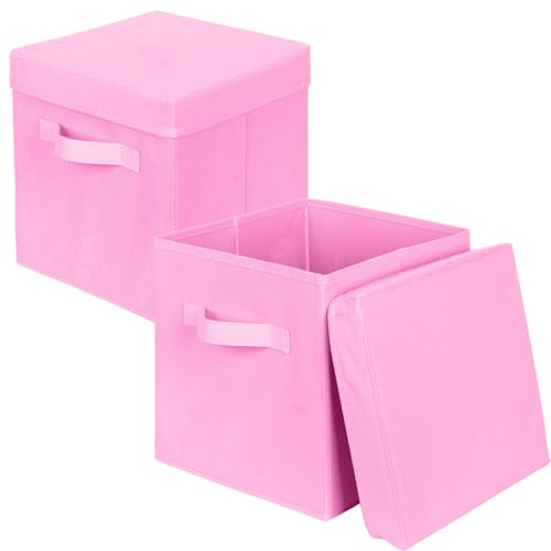 powerking Scatola di stoccaggio Bins, 2 pacchetto pieghevole tessuto stoccaggio cubo con coperchio, vestiti organizzatore cassetto per armadio e giocattoli stoccaggio, 27x27x28cm,Rosa