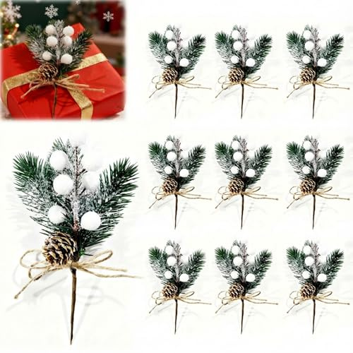 10 Stück Tannenzweige künstlich Weiße Beerenstiele: Christbaumschmuck Schneefrost-Tannenzweige 22cm Tannenzapfen und weißer Stechpalme ideal für Weihnachtskränze Dekor Basteln