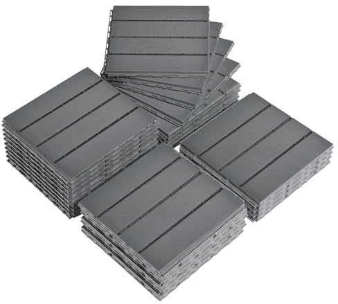 LEADZM WPC Fliesen, Balkon Bodenbelag - 30 x 30 cm 27 Stück / 2,4m² - Wetterfeste Terrassenfliesen mit Klicksystem, Geeignet für Balkon und Garten, Horizontale Streifen - Dunkelgrau