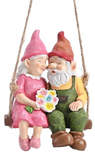 TERESA'S COLLECTIONS Mr and Mrs Gnome Couple Sitting on a Swing 6 | Waterproof Garden Gnomes Decor, Resin Garden Decor Outdoor, Tree Ornaments, Indoor/Outdoor