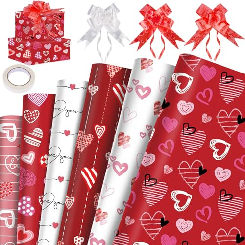 6 Blätter Geschenkpapier Herzen 68x50cm Verpakungspapier Valentinstag Geschenkverpackung mit 1 Doppelseitigem Kleber und 6 Geschenkschleifen Liebe Geschenkpapier für Hochzeit Jahrestag Geburtstag