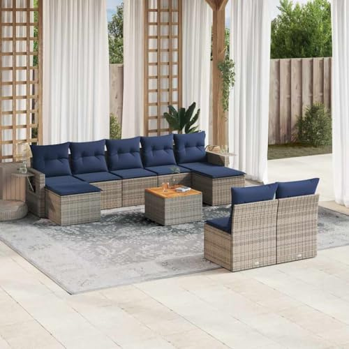 Teenpull 10-delars trädgårdssockset, polyrattan grå, med kudde, marinblå, modulär loungesoffa för terrass, balkong, UV-beständig, väderbeständig