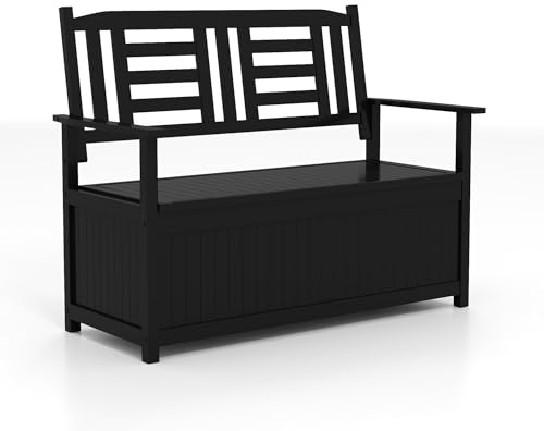 FANTASK Truhenbank Holz, 123 x 68,5 x 96 cm, 2-Sitzer Gartenbank mit integrierter Kissenbox, wetterfeste Sitzbank, Balkonbank für Garten, Balkon, Terrasse (Schwarz)