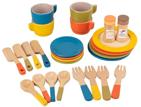 mophrati Play Kitchen Cutlery And Plate Set For Kids Role Play Encouraging Togetherness And Imagination Wooden Dish Set For Girls Toddlers Tea Cups Role Dishes Kitchen Pretend Toy