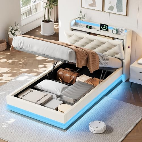 Ojjxh 3ft Single Upholstered Bed Frame with LED & USB Type-C Ports, Modern 90x190 Bed Frame with Pocket, Hydraulic Storage & Concealed Function Headboard and Slatted Frame, Linen, No Mattress (Beige)