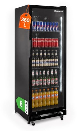 GastroHero Getränkekühlschrank 360 L, 5 Böden, Schwarz GKSE360 | Abschließbar, LED-Beleuchtung, 5 höhenverstellbare Einlegeroste, Flaschenkühlschrank, Bierkühlschrank, 0 bis +8 °C