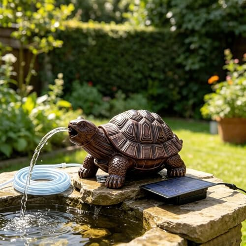 Solar Powered Garden Turtle Water Fountain, Solar Wasserspeier, Wasserspeier Figuren Schildkröte, Braune Teichfigur mit Solarpanel & Wasserspiel, Solarspringbrunnen für Teiche und Miniteiche