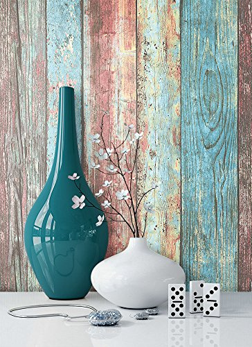 Newroom Vliestapete Blau Holzbalken Optik Landhaus Tapete Wohnzimmer | Shabby-Chic Vintage-Optik, Holzmaserung mit Astlöchern, ansatzfrei, Mustertapete für Wohnzimmer und Flur