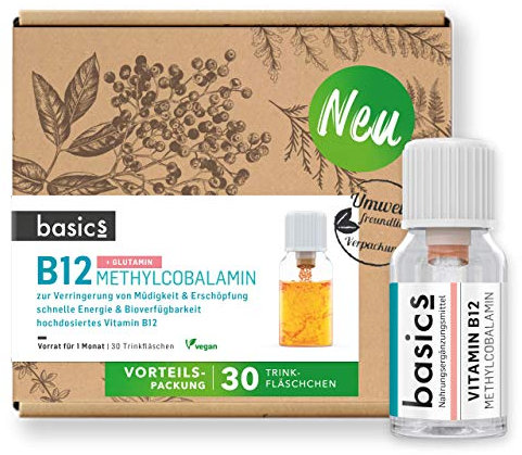 basics Vitamin B12 Methylcobalamin Monatskur, 30 x 10ml Fläschchen - hochdosiertes Vitamin B12 & Glutamin - zur Verringerung von Müdigkeit und Erschöpfung - in Deutschland produziert
