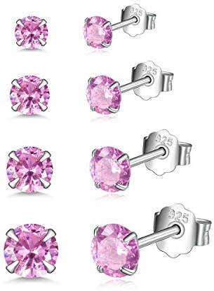 Shuxin Damen Ohrstecker Silber, 4 Paare 925 Sterling Silber Zirkonia Ohrstecker Ohrringe Set, Unisex Klein Schlafen Knorpel Ohrstecker mit 5A Zirkonia, 8 Verschieden Farben, Größe in 3, 4, 5, 6 mm