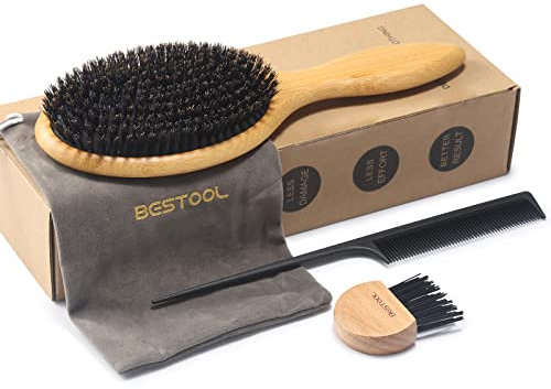 BESTOOL Haarbürste, Wildschweinborsten Bürste für Damen Herren Kinder, Bambus Paddel Naturborsten für dünnes, feines Haare, Verbesserung der Haartextur (Bambus)