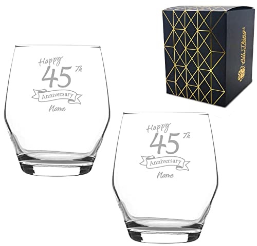 Personalised Engraved 45th Anniversary Glass Set of Two, Ella Whiskey 12.5oz Glass, Engraved in The UK, Personalise with Any Name, Thoughtful Customised Gift