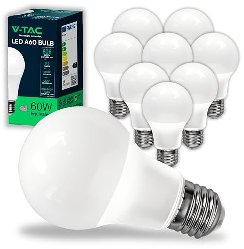 V-TAC 10x Lampadine LED di Nuova Generazione con Attacco E27 8,5W (Equivalenti a 60W) A60 equivalente in pollici a A19 - 806 Lumen 4000K Luce Bianca Naturale, L'imballo può variare