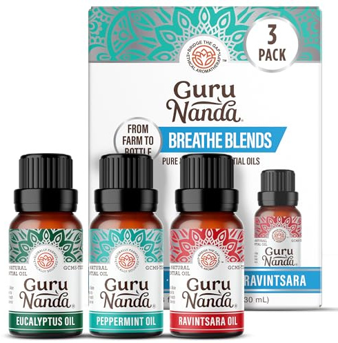 GuruNanda Breathe Essential Oil Set (Pack of 3 x 0.34 Fl Oz) - 100% Pure, Natural & Undiluted Diffuser Oils for Aromatherapy - Helps Support Clear Breathing - Suitable for Massages & DIY Recipes