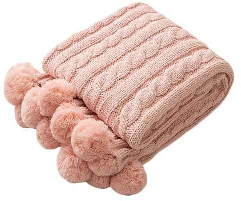 ATMOSURELY Ultraweiche rosa Chenille-Zopfstrick-Überwurfdecke mit handgefertigten Bommeln, gemütliche, flauschige Strickdecke, leicht, warm, gewebte Bauernhausdecke für Bett, Sofa, Couch, 127 x 152 cm