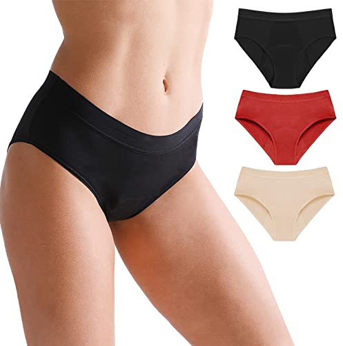 Jamron Dam 3-pack menstrosor menstruationsunderkläder läckagesäker inkontinensbyxor kraftigt flöde extra skydd trosor svart + beige + röd XL