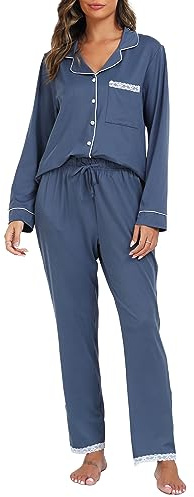 Vlazom Pyjamas Set for Women, Soft Two Pieces Pjs Sets Long Sleeve Button Down Tops and Pants Sleepwear Loungewear with Pockets Grey Blue,L