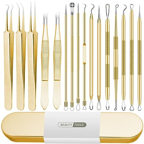 Blackhead Remover Tool, 16 PCS Pimple Popper Tool Kit, Tweezers Set for Eyebrows Hair Removal Pimple Blemish Acne Comedones Extractor Whitehead Cyst Removal Tool, for Nose Face Beauty Tools (Golden)