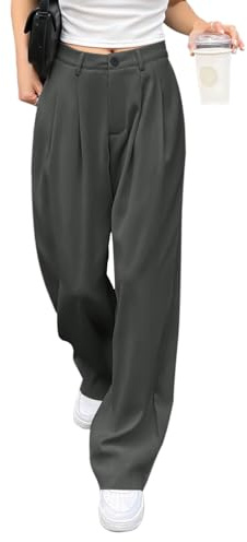HMIYA Weite Hosen Damen-Lässig Locker Gerade Beinform Hohe Taille Stoffhose mit Tasche,Grau,XXL