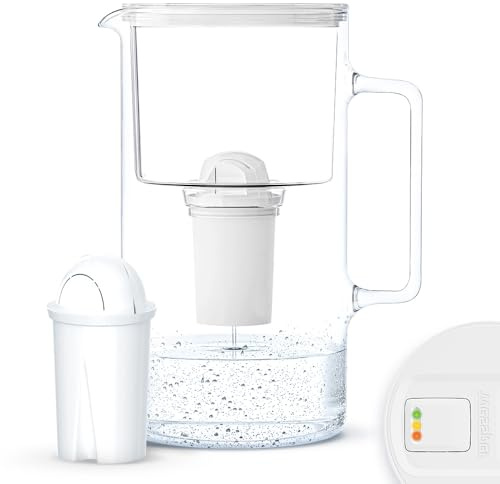 Wessper Jarra Filtradora de Vidrio con Contador LED de Agua 3 L | Compatible con el Filtro Brita Classic, Filtro de Agua que Reduce la cal y el Cloro | Jarra Filtrante + 1x Cartucho – Blanco