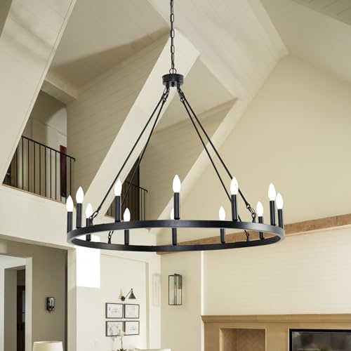 BAOURE 31Inch Black Wagon Wheel Chandelier,12 Light Industrial Candle Style Modern Wagon Wheel Lighting for Living Room,Dining Room,Foyer, Entryway,Outdoor Porch