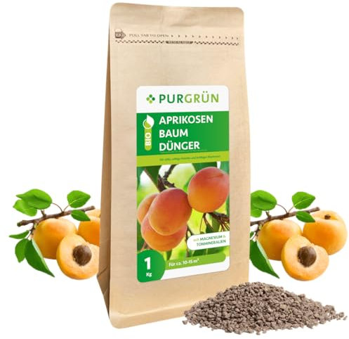 Purgrün® Bio-Aprikosenbaum-Dünger 1 kg – Organisch-mineralische Rezeptur – Feinkörniges Krümelgranulat – NPK 6+4+5 – Mit Magnesium für süße Aprikosen – Verbessert die Bodenqualität