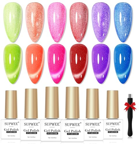 SUPWEE Cat Eye UV Gel Nagellack Set, 6 Farben Reflektierendes Glitzer Neon Cat Magnetischer Gel mit Magnet Fluoreszierende Holografisches Katzenauge Gellack DIY-Maniküre Salon Art