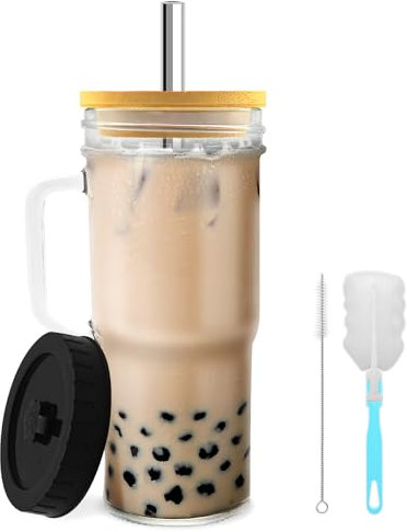 HMJIA 24oz Vasos con Tapa y Pajita Mason Jar con Asa Pajitas Reutilizables Acero Inoxidable con Cepillos Vasos de Cristal Agua para Café Helado Vasos para Smoothie Boba Tea (1, 700ml)