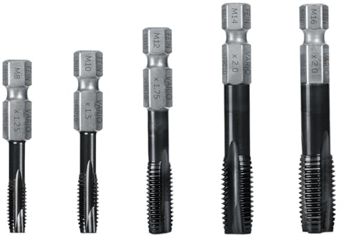 FEIN VARIO Gewindebohrer-Set für Durchgangslöcher,5-teilig, je 1x M8, M10,M12,M14,M16 in zylindrischer Verpackung, hoher Materialfestigkeit, Reibungsarm, Gewindeschneidwerkzeug