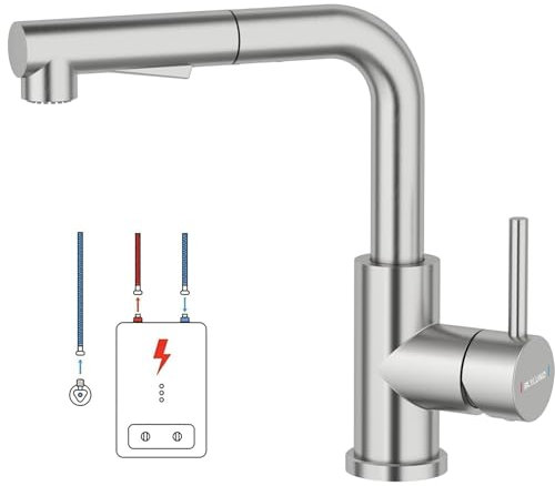 Niederdruck Armatur Küche, Wasserhahn mit 3 Anschluessen für Boiler, wasserhahn für durchlauferhitzer, 360°Schwenkbar Zwei Sprühfunktionen, Wasserhahn Küche Durchlauferhitzer, Edelstahl