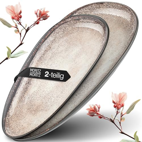 Moritz & Moritz VIDA Servierteller Set Beige - 2x Große Teller aus hochwertigem Porzellan, Modern & Zeitlos, Mikrowellen- & Spülmaschinengeeignet - Perfekt für Salate, Grillfleisch, Snacks & mehr